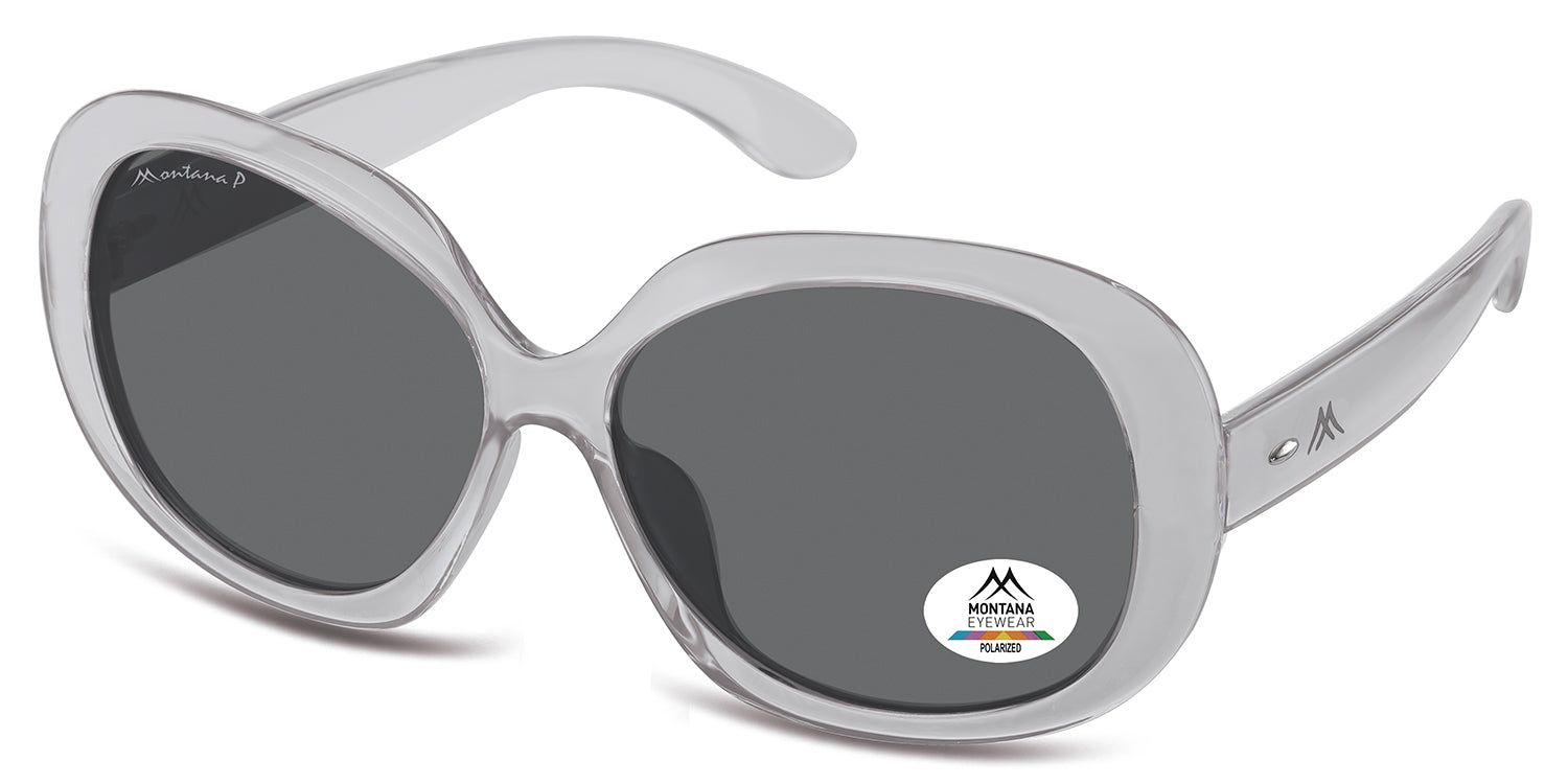 Sonnenbrille mit grau getönten Gläsern und hellem Rahmen. Das Montana Eyewear Logo ist auf einem Glas zu sehen.