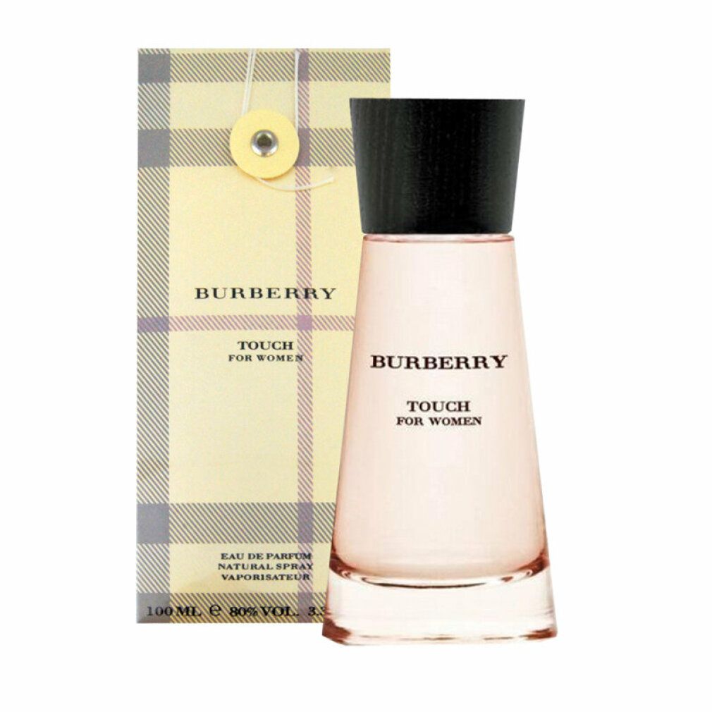 Burberry Touch for Women Eau de Parfum, Flakon und Verpackung. Beige-karierte Verpackung, Flakon mit schwarzem Deckel.