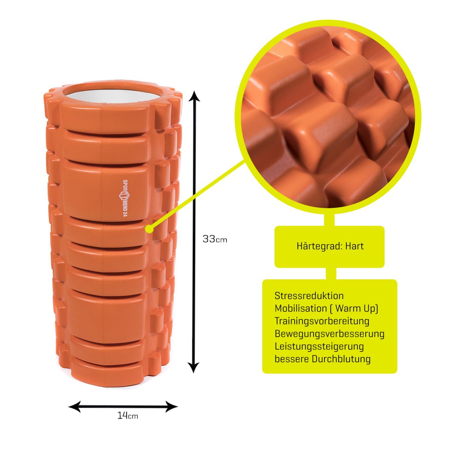 Orange Faszienrolle mit Noppen. Maße: 33cm hoch, 14cm Durchmesser. Härtegrad: Hart. Text: Stressreduktion, Mobilisation.