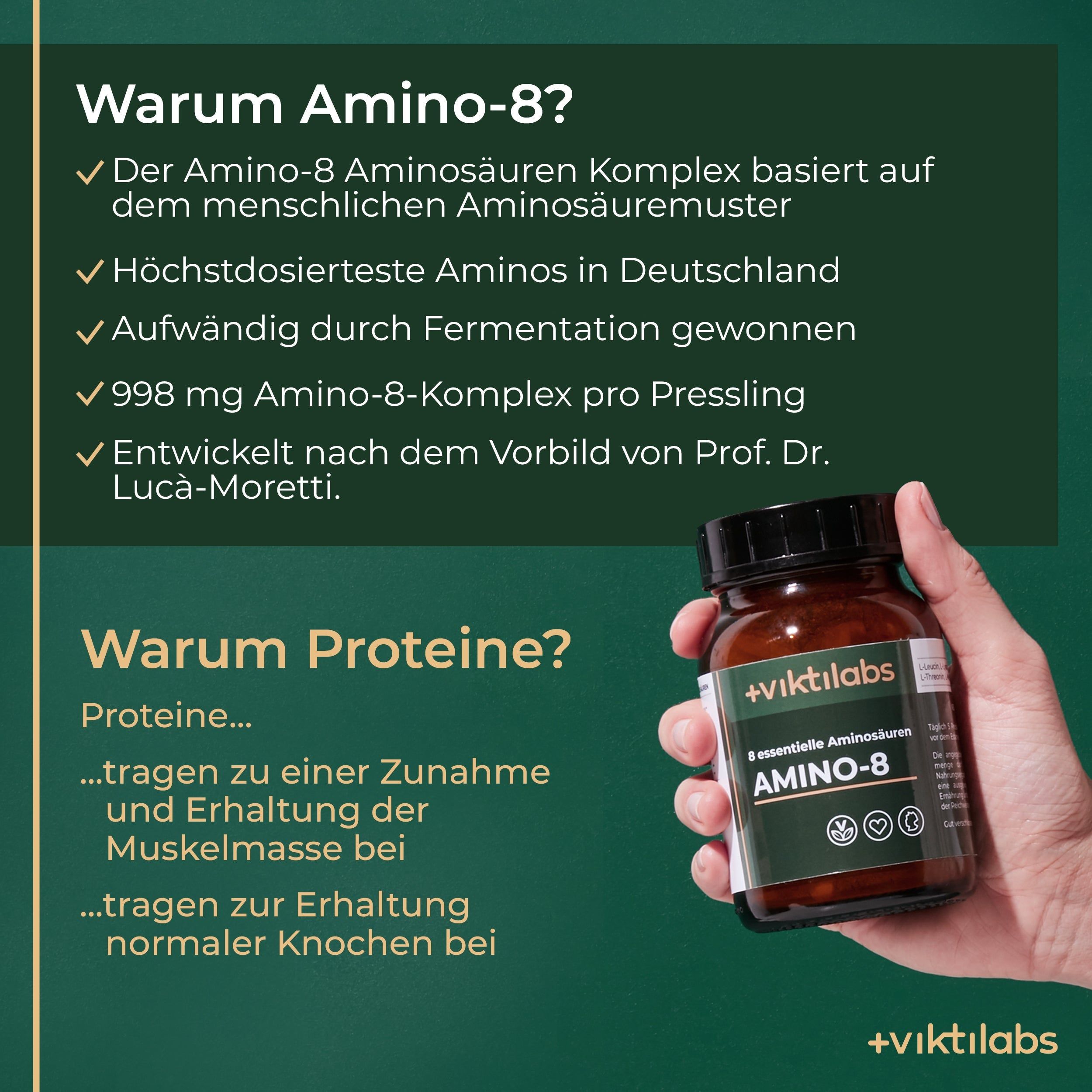 Viktilabs Amino 8: Perfekte Kombination aller essentiellen Aminosäuren nach Prof. Dr. Lucà-Moretti