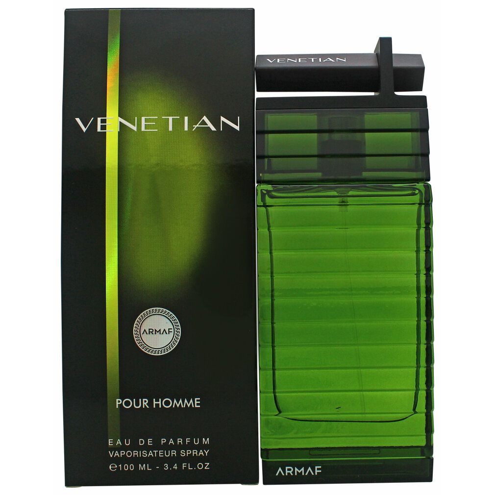 Grüne Glasflasche und schwarze Verpackung. Aufschrift "Venetian" und "Armaf". Flasche mit schwarzem Verschluss. "Pour Homme" und "Eau de Parfum".