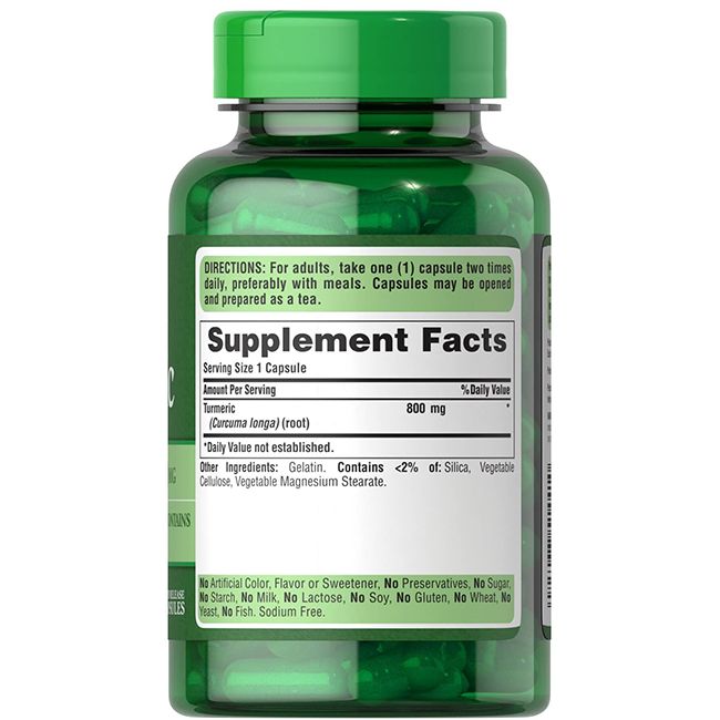 Grüne Kapsel mit Etikett "Supplement Facts", das 800 mg Kurkuma pro Kapsel angibt.