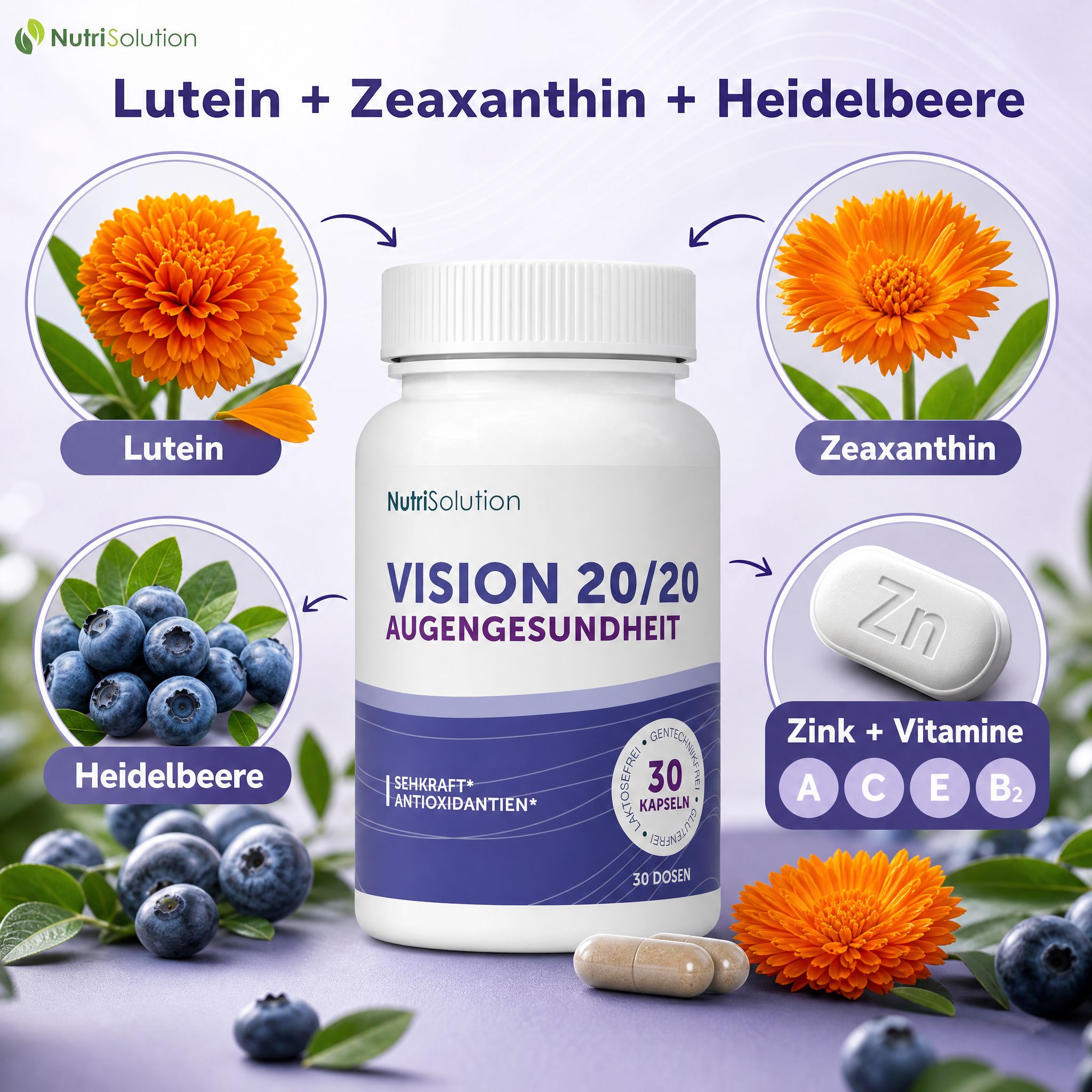 NutriSolution Vision 20/20 Dose umgeben von Lutein, Zeaxanthin, Heidelbeeren und Zink + Vitaminen.