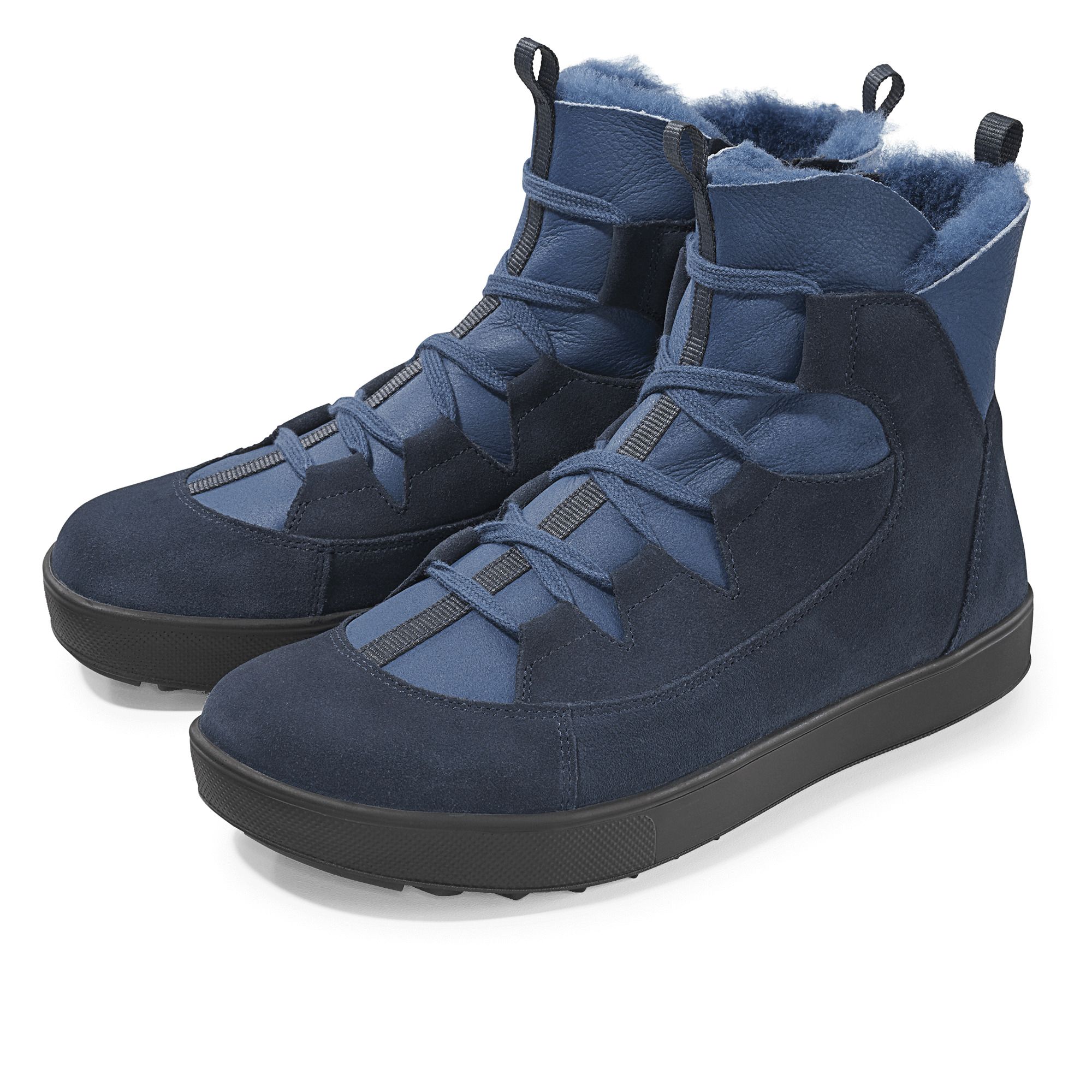 Dunkelblaue Damen-Stiefeletten aus Leder und Wildleder mit Schnürung und Lammfellfutter.