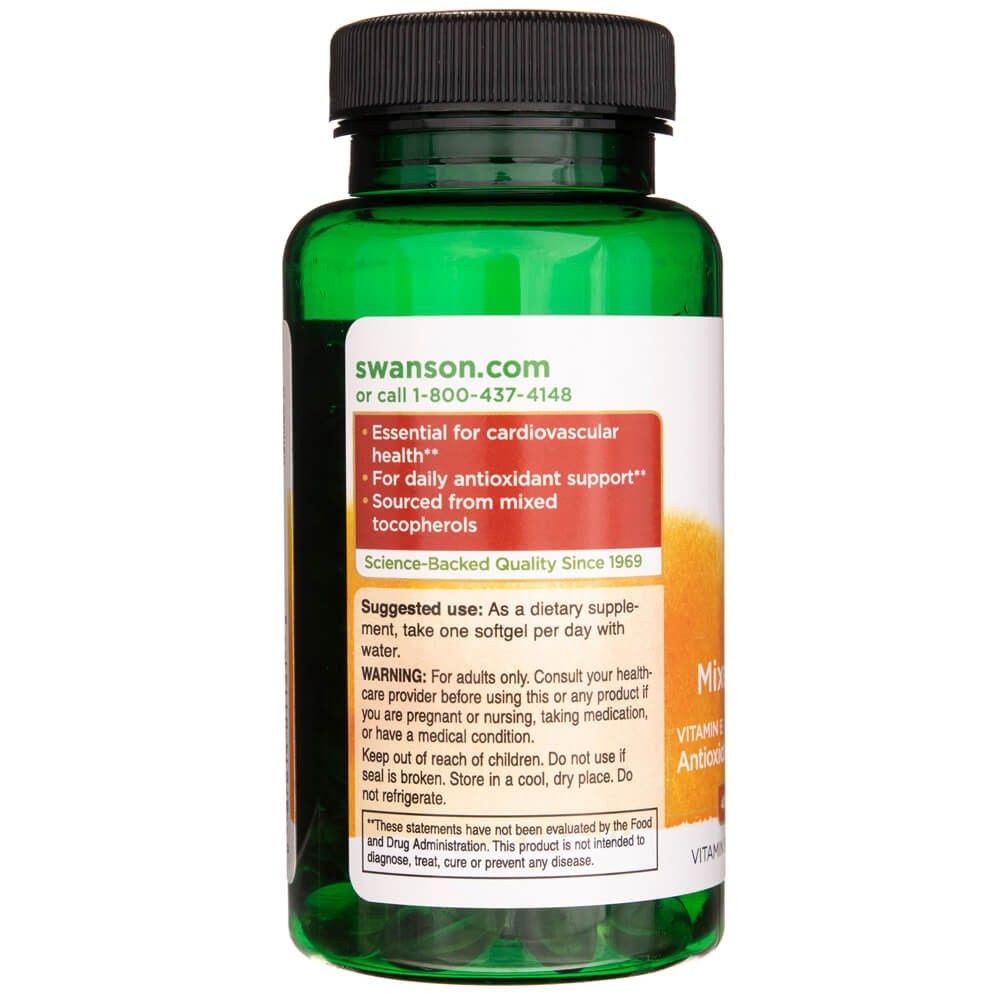 Rückseite einer grünen Flasche mit SWANSON Vitamin E gemischten Tocopherolen, Anwendungshinweise.