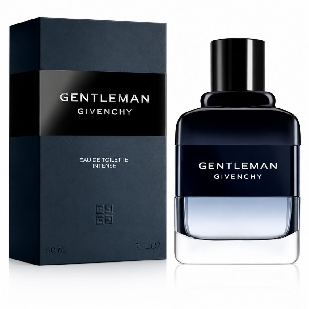Givenchy Gentleman Eau de Toilette Intense Set: Flakon und dunkelblaue Box mit silbernem Band.