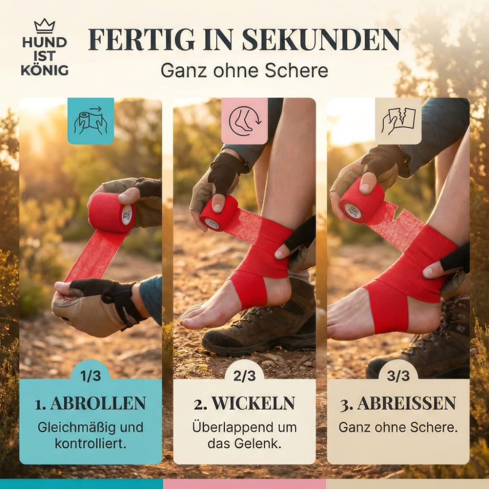 Drei Schritte zur Anwendung: Abrollen, wickeln, abreissen. Rote Bandage wird am Fuss angewendet. Text: Fertig in Sekunden.