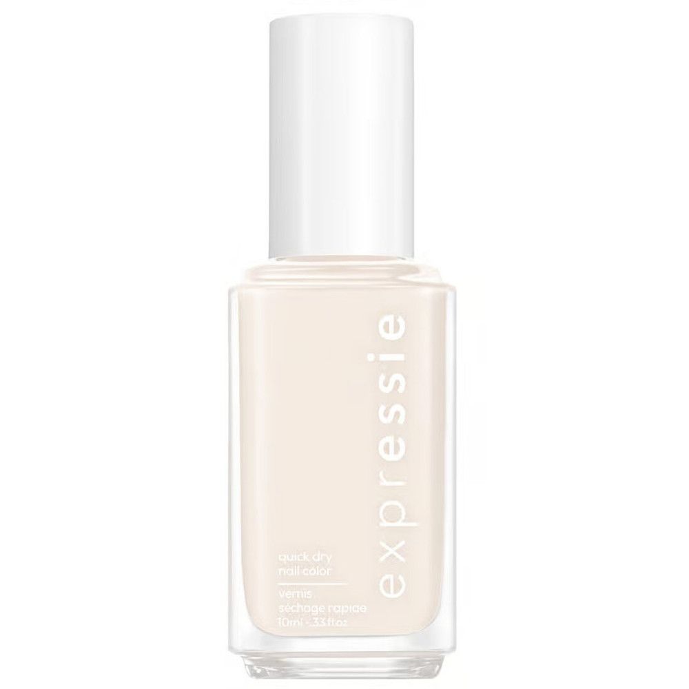 Nagellackflasche mit weißem Deckel. Aufschrift "expressie". Creme-farbener Nagellack.