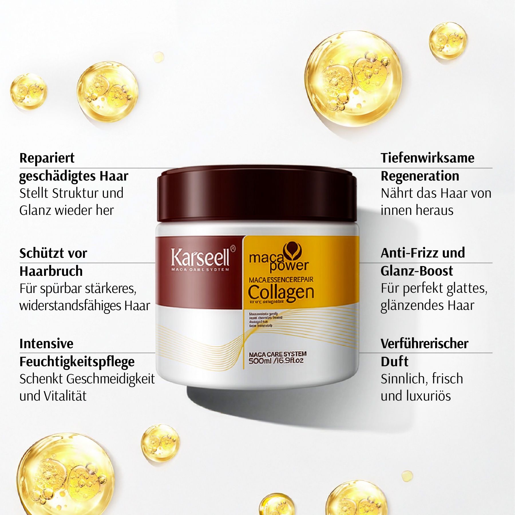 Weißes Tiegel mit braunem Deckel. Aufschrift: Karseell, Maca Power Collagen. Text: Repariert geschädigtes Haar.