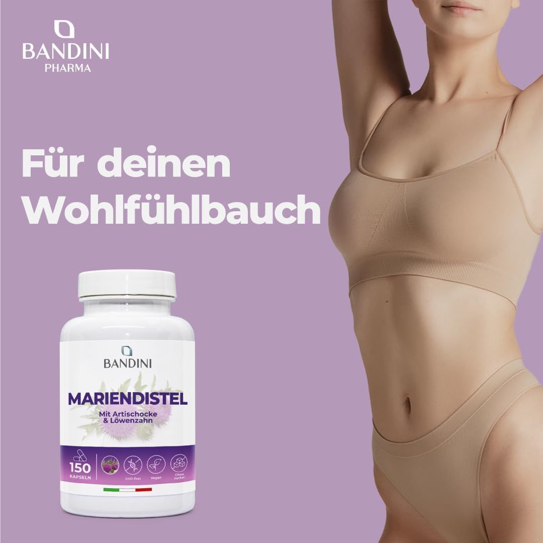 Weiße Kapsel-Dose mit lila Etikett. Bandini Mariendistel-Komplex. Frau in Unterwäsche. Text: Für deinen Wohlfühlbauch.