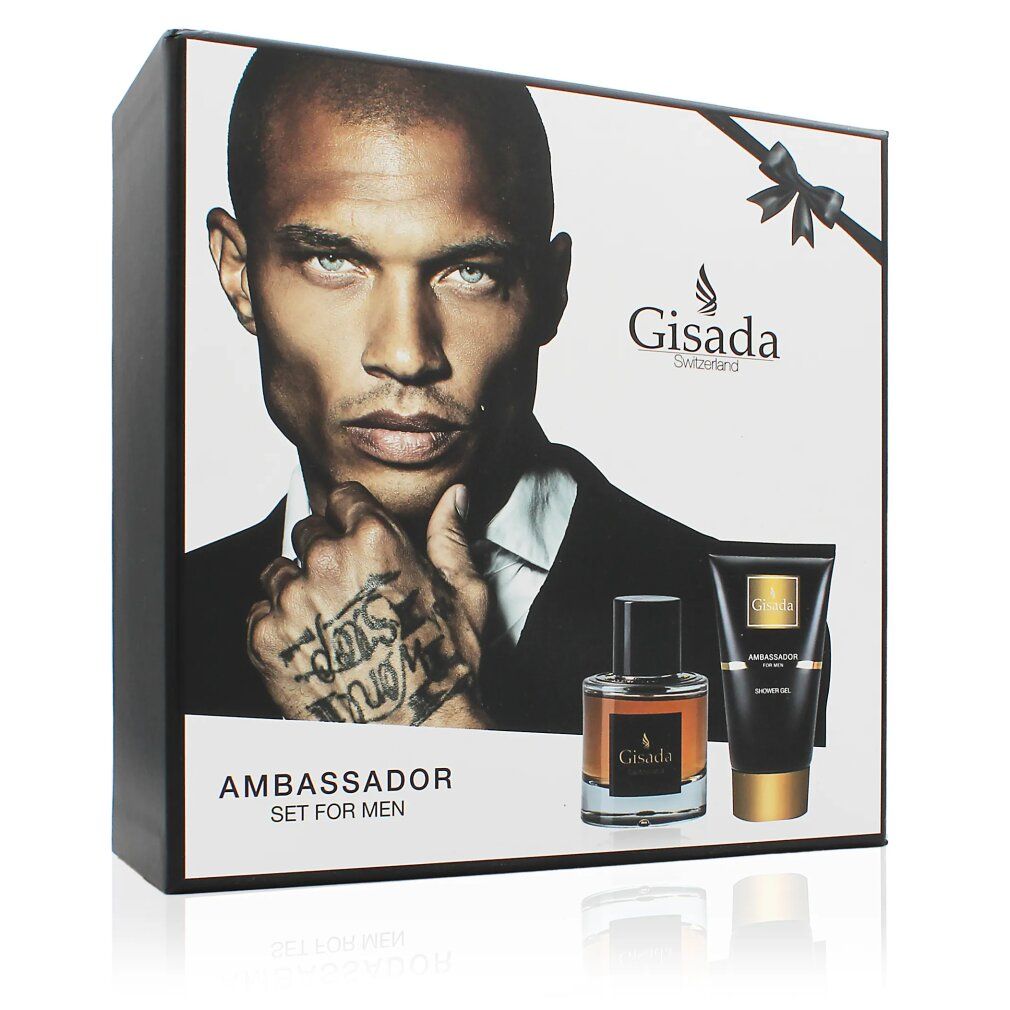 Geschenkset für Herren. Enthält Parfümflasche, Duschgel und Geschenkbox mit Mann-Porträt. Schwarze und goldene Akzente.