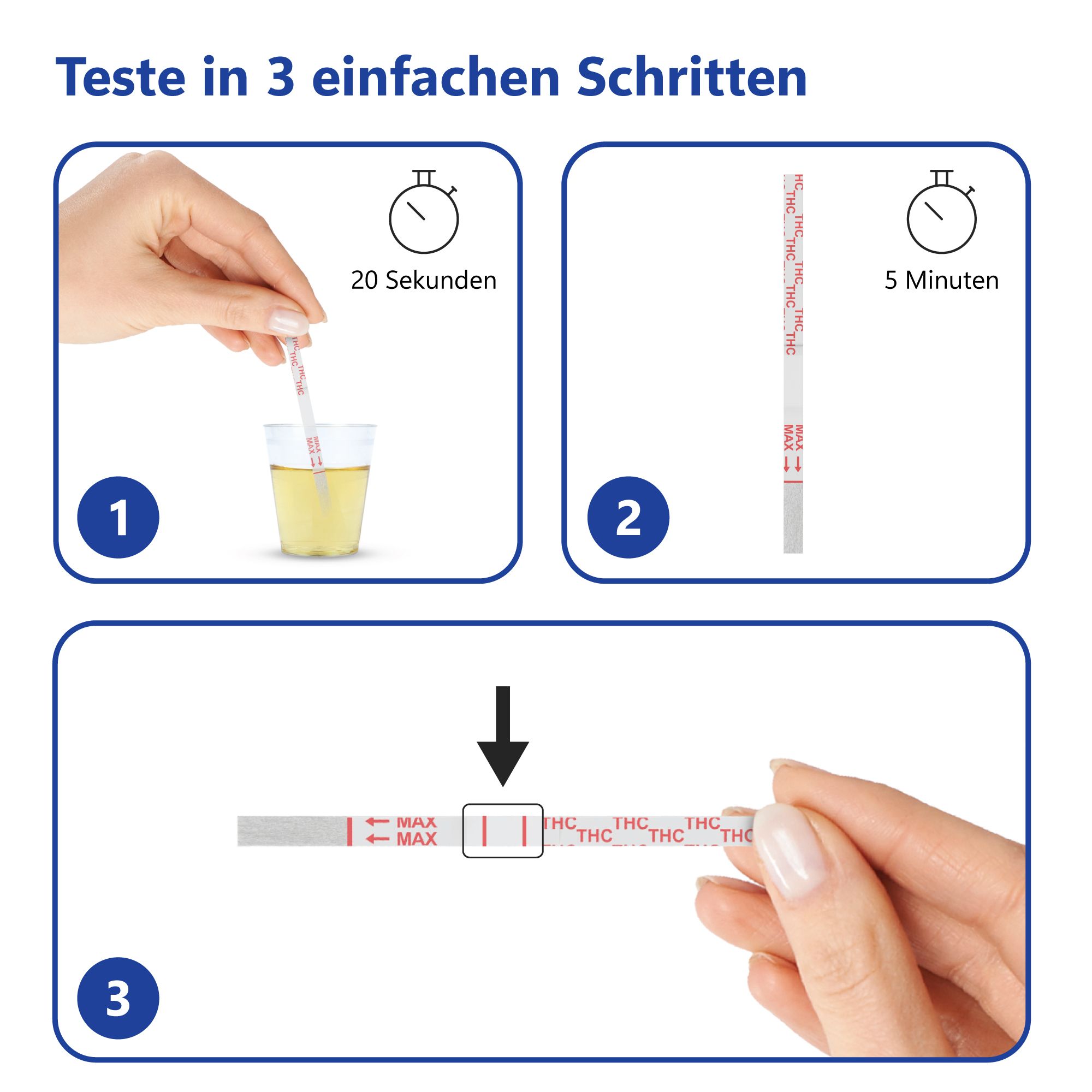 Drei Schritte zur Anwendung des Drogentests. 1: Teststreifen in Urin. 2: 20 Sekunden warten. 3: Ergebnis nach 5 Minuten ablesen.