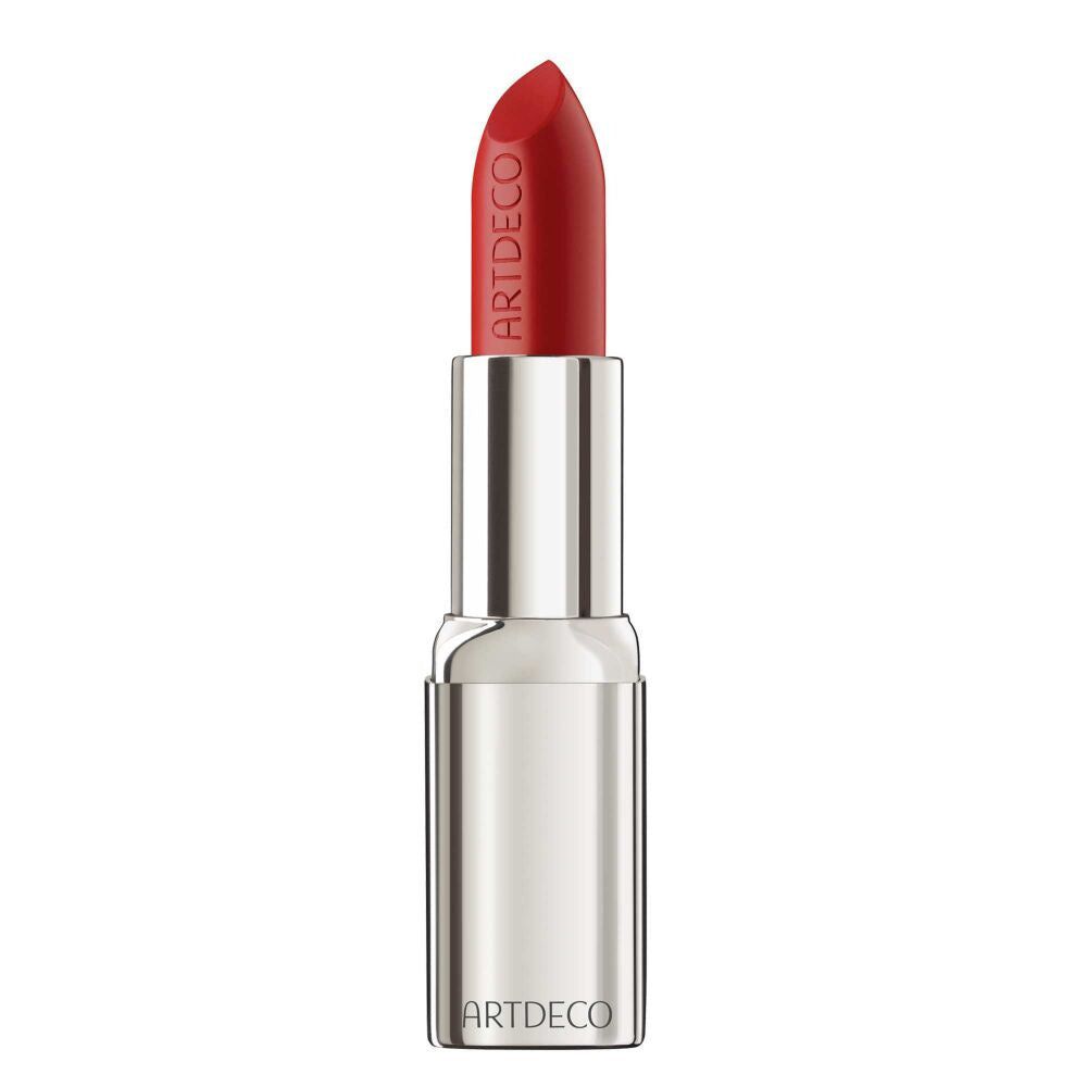 Roter Lippenstift mit silberner Hülse. ARTDECO-Schriftzug auf dem Lippenstift.