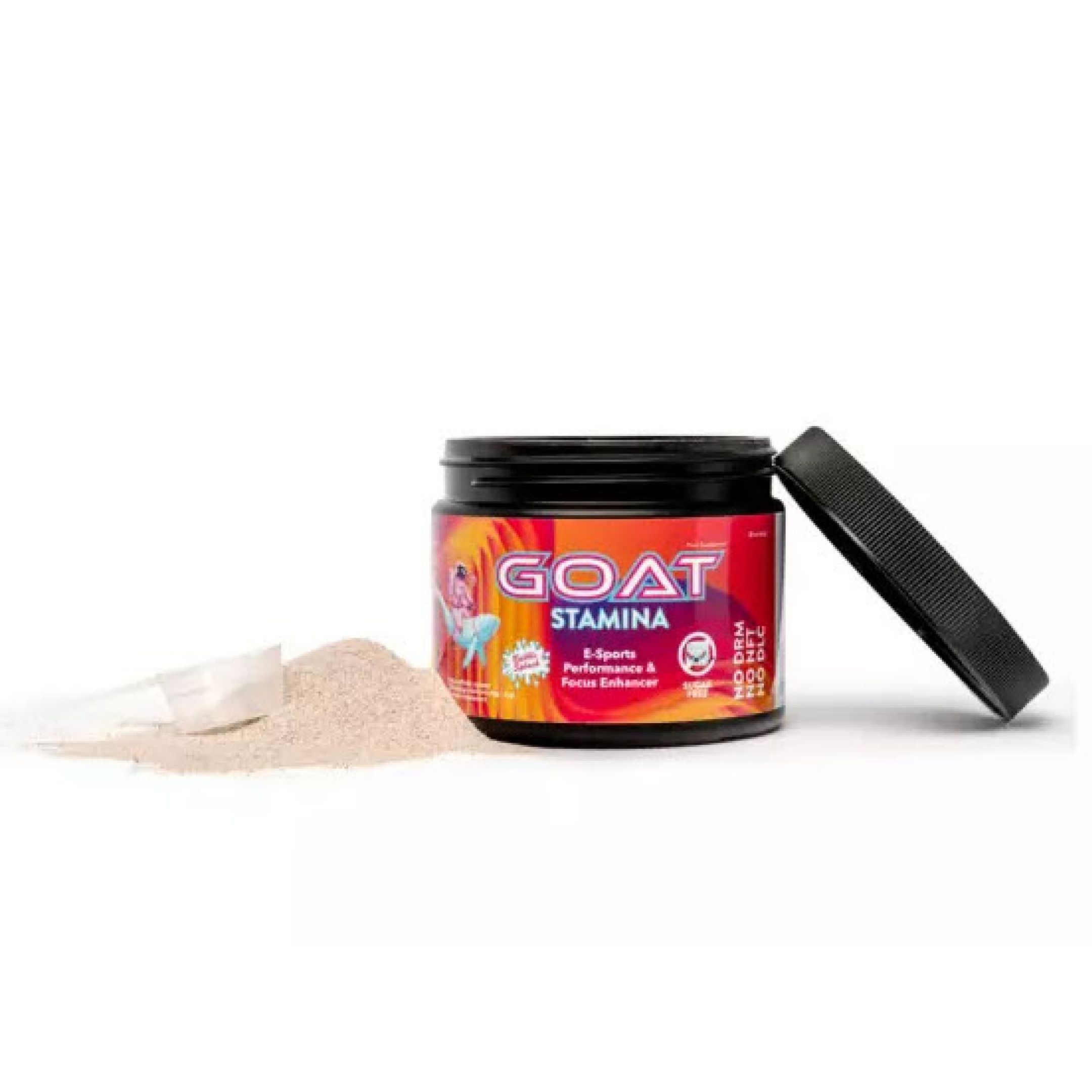 GOAT Stamina-Dose, schwarzer Deckel daneben. Pulver daneben und Messlöffel. Dose mit orangefarbenem Etikett und Produktnamen.