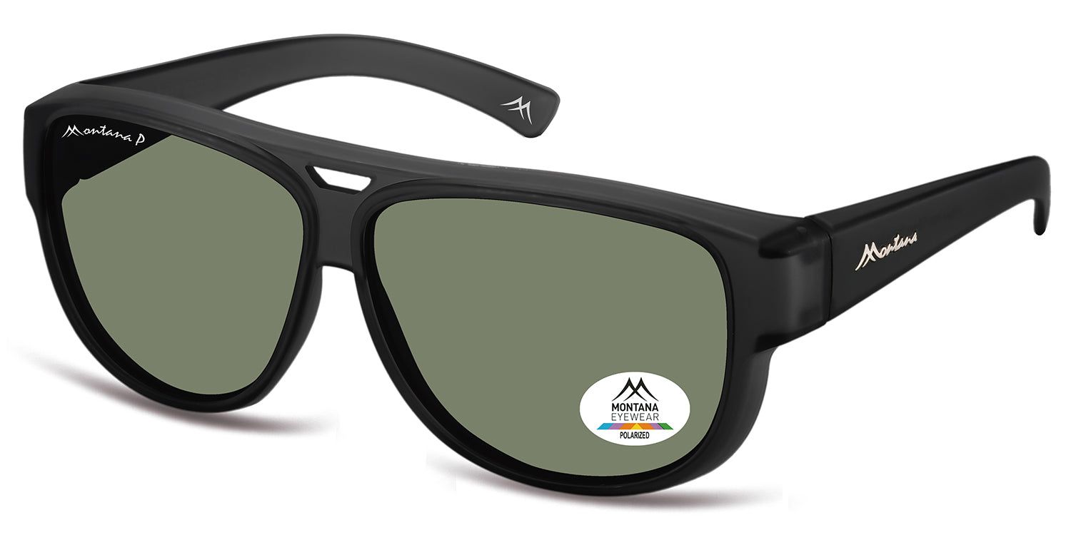 Schwarze Sonnen-Überbrille, seitliche Ansicht. Grüne Gläser, Montana Eyewear Logo auf Bügel und Glas. Polarized-Aufkleber.