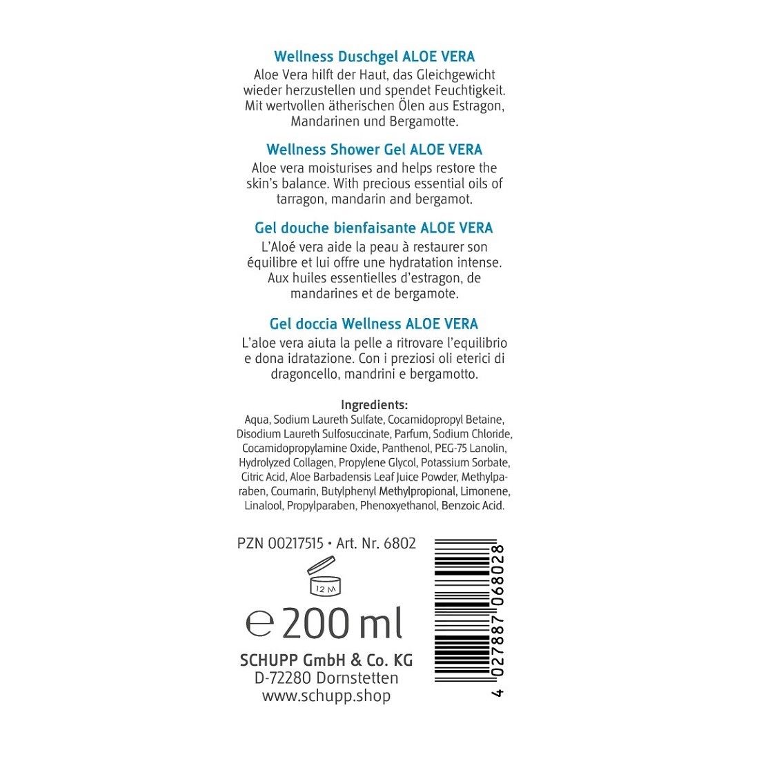 Rückseite der Flasche mit Produktinformationen und Inhaltsstoffen. Text in Deutsch, Englisch, Französisch und Italienisch.
