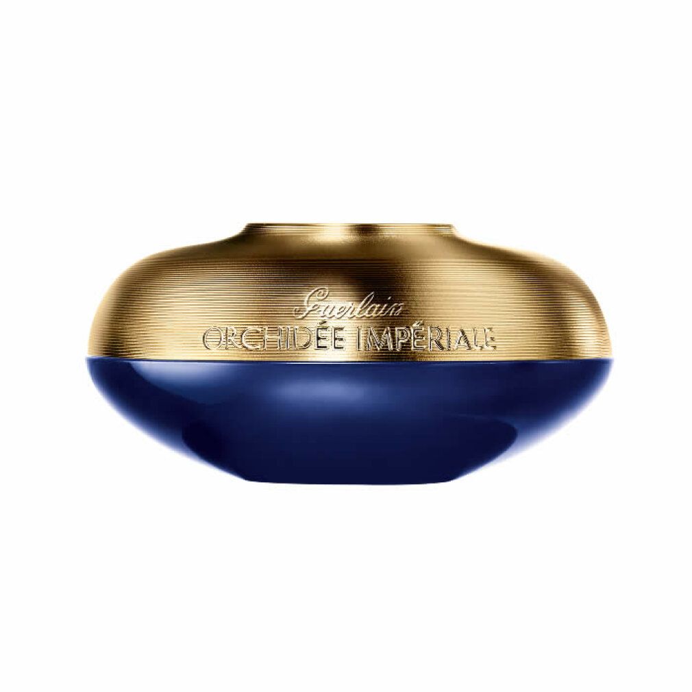 Blauer Cremebehälter mit goldfarbenem Deckel. Auf dem Deckel: Guerlain, Orchidée Impériale. Geriffelte Oberfläche des Deckels.