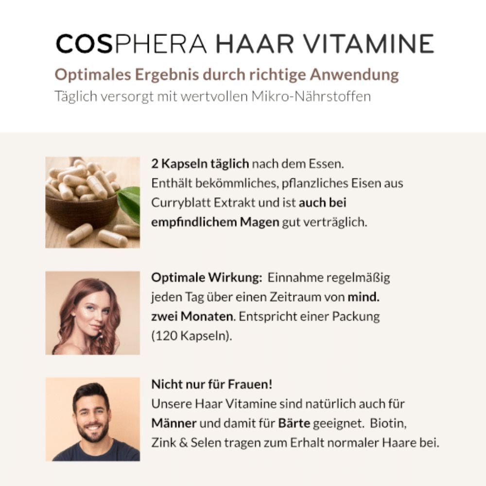 Text mit Informationen zu Cosphera Haar Vitamine. Enthält 2 Kapseln täglich, pflanzliches Eisen. Geeignet für Männer und Frauen.
