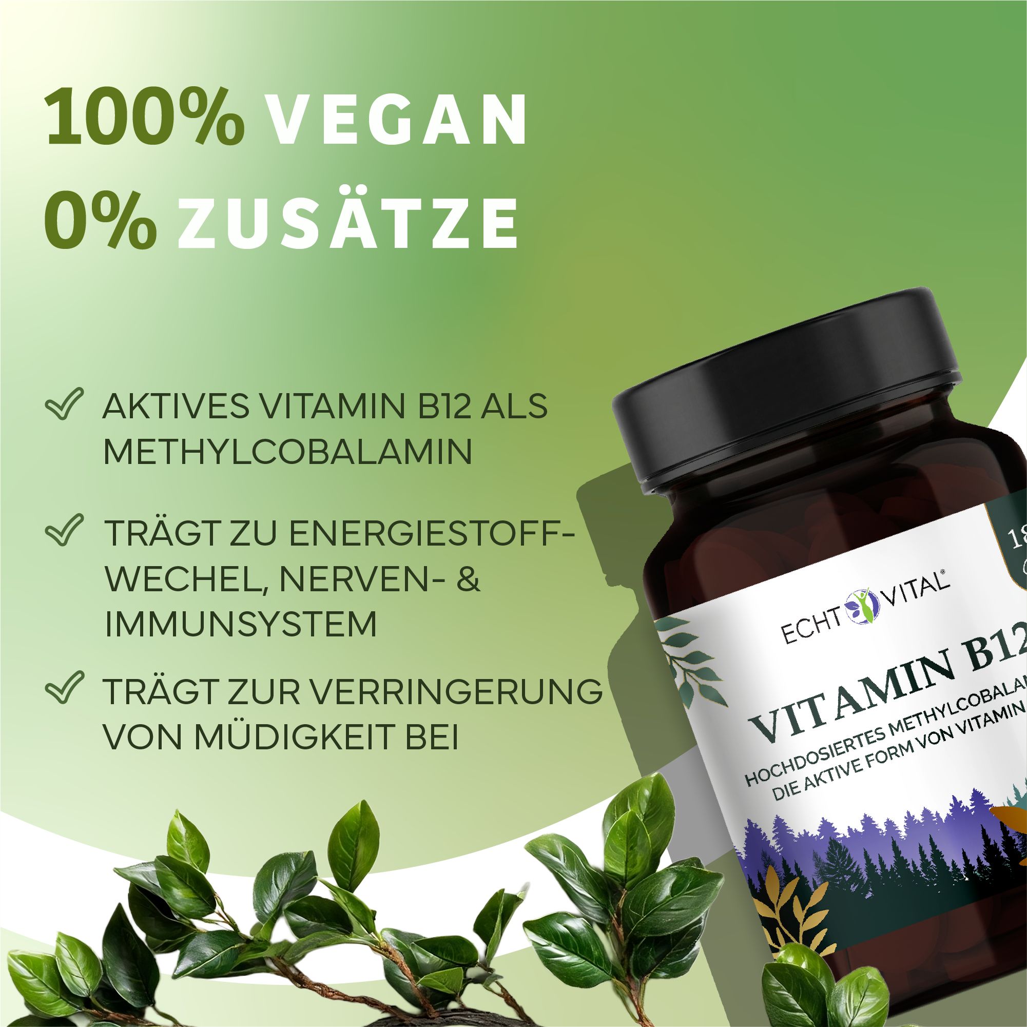 Braune Glasflasche mit schwarzem Deckel. Aufschrift: Echt Vital Vitamin B12. Grün-weiße Etikett mit Produktinformationen. Vegan und ohne Zusätze.