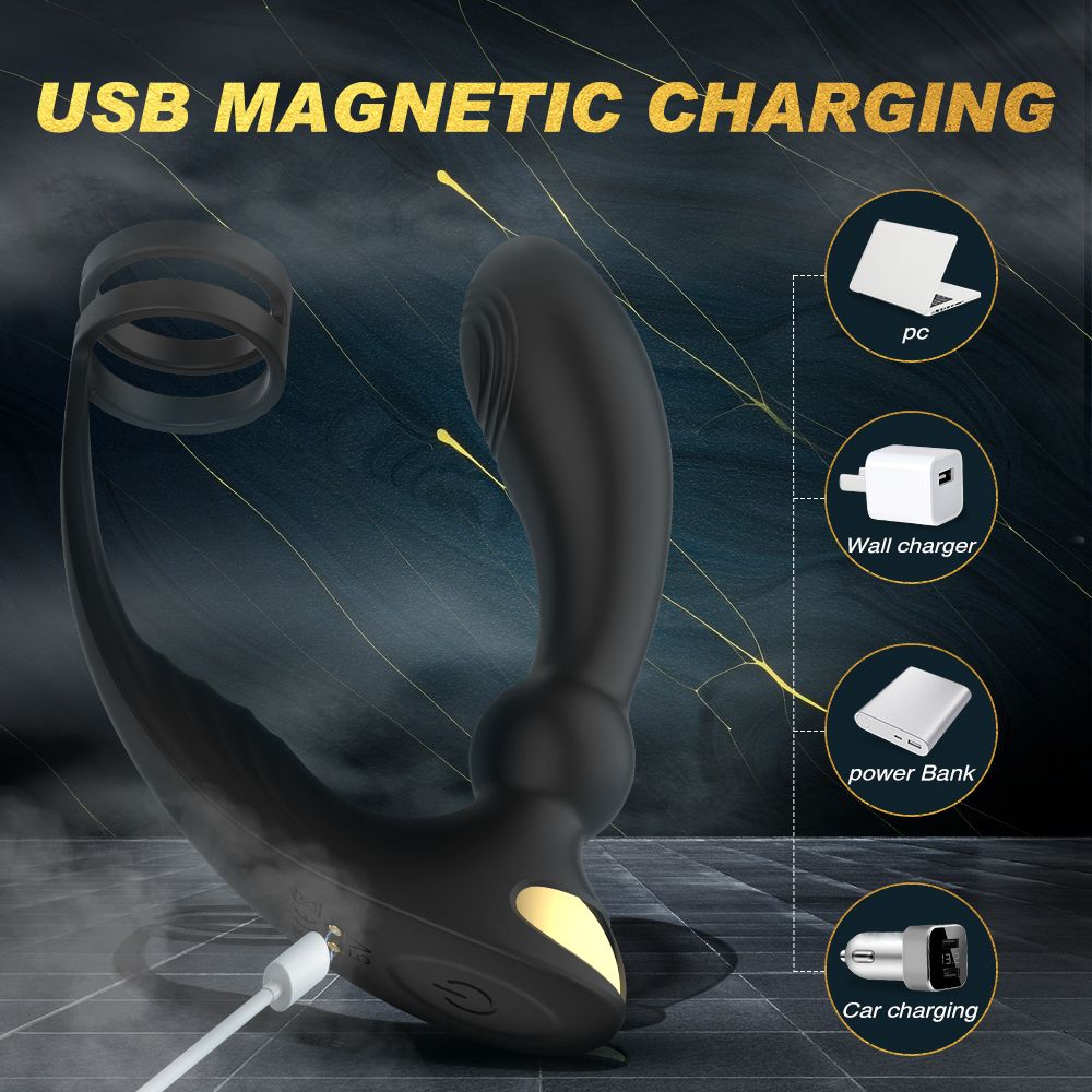 Schwarzes Wellness-Produkt mit Penisring. USB-Ladeanschluss. Ladeoptionen.