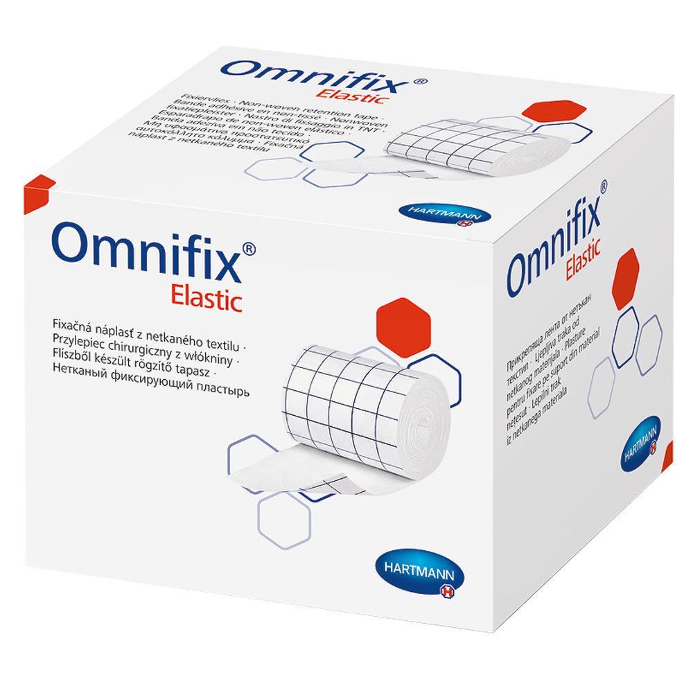 Omnifix Elastic Fixiervlies-Box. Weißer Karton mit Produktname und Logo. Rolle Fixiervlies sichtbar.