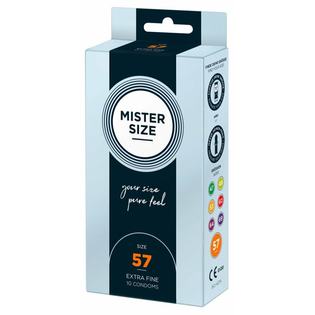 MISTER SIZE 57 Kondomverpackung. Pure Feel. 10 Stück. Hellblaue Verpackung mit Logo und Produktinformationen.