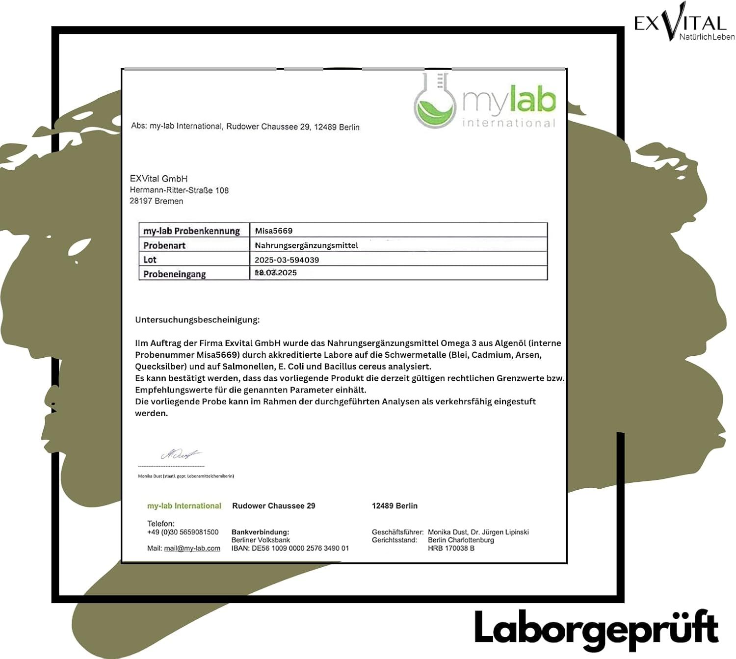 Laborbericht von mylab international. Analyse von Omega 3 aus Algenöl. Ergebnisse: Schwermetalle, E. Coli, Bacillus cereus analysiert.