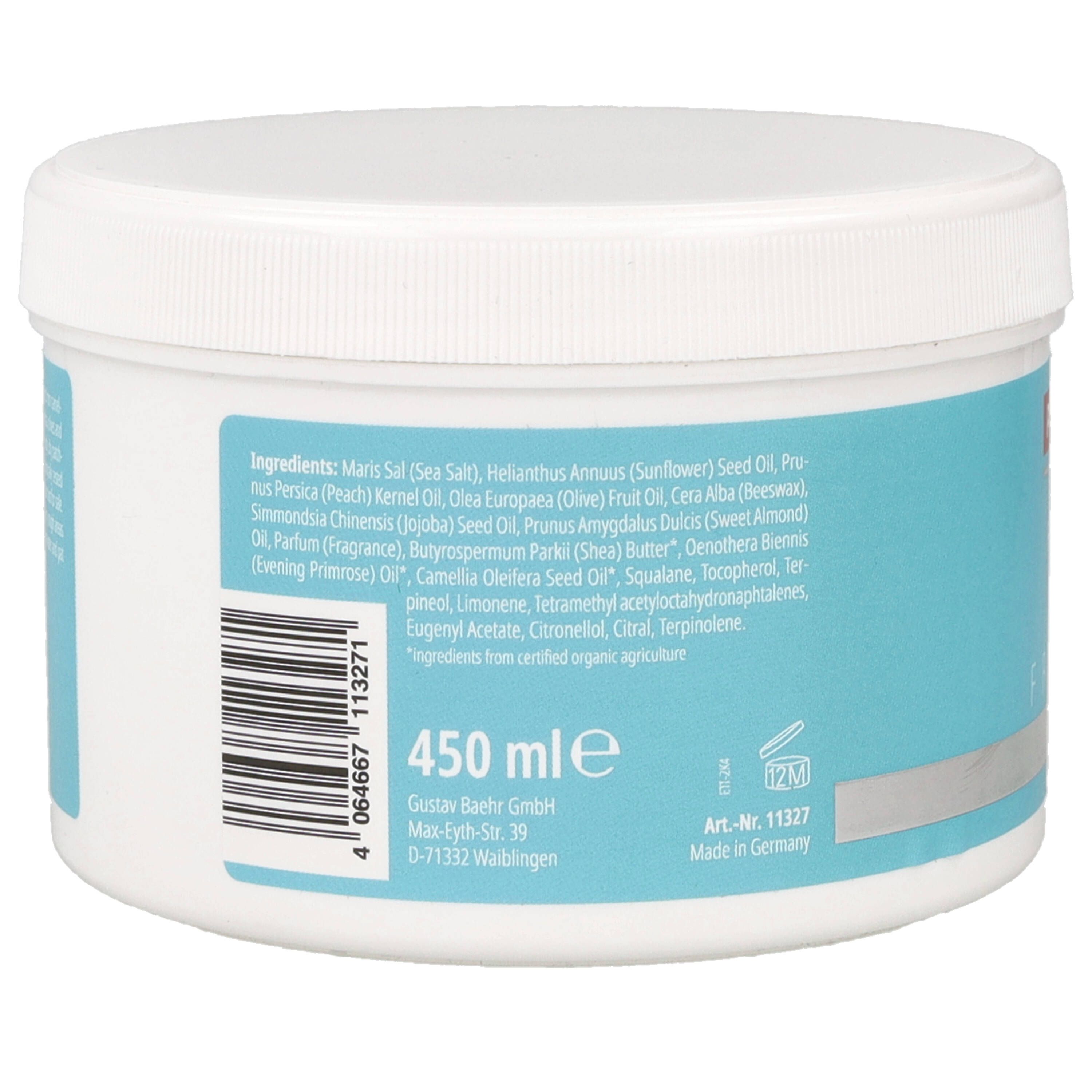 Pedibaehr Fußpeeling Tiegel mit 450 ml Angabe, Inhaltsstoffen und Herstellungsort.