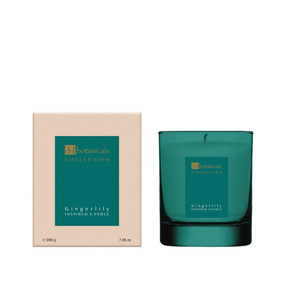 Kerze in grünem Glas, rechteckige Verpackung. Aufschrift: Dr Botanicals, Gingerlily Inspired Candle.