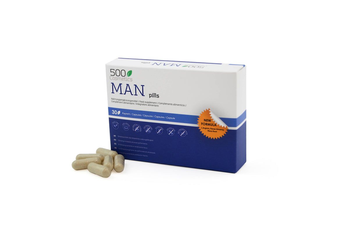 Weiße Schachtel mit blauer Basis. Aufschrift: 500Cosmetics, MAN pills. 30 Kapseln. Einige Kapseln liegen daneben.