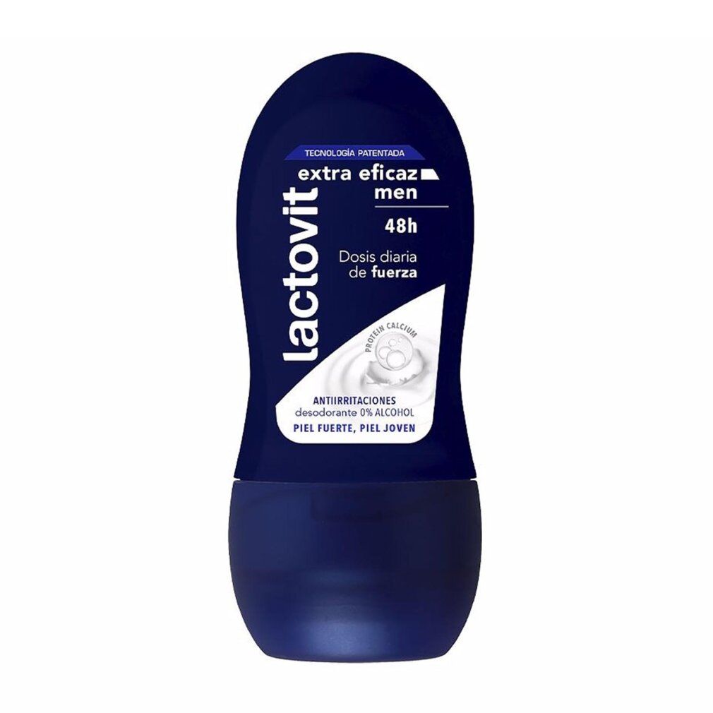 Dunkelblauer Lactovit Hombre Deo Roll-On mit 48h Schutz und 0% Alkohol.