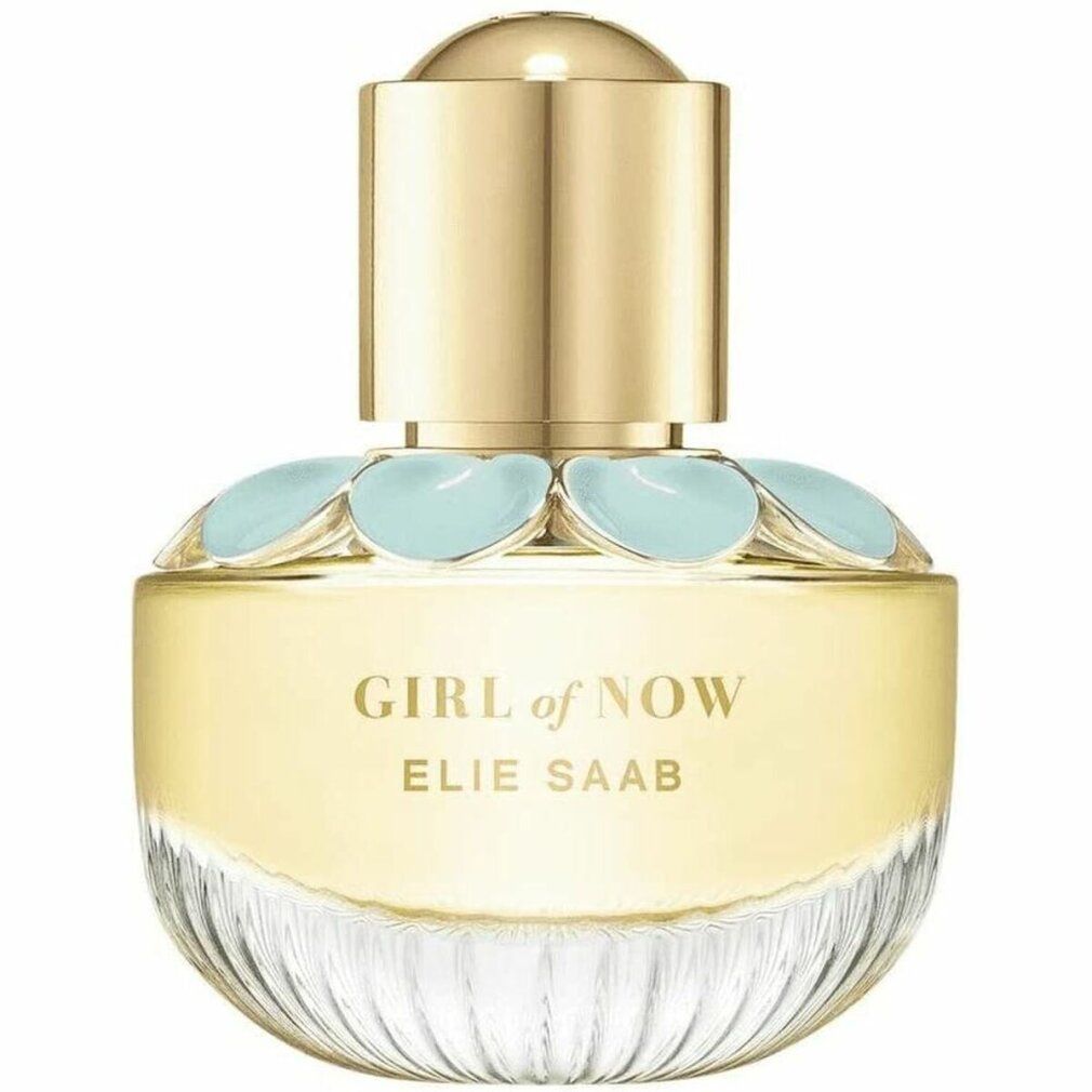 Elie Saab Girl Of Now Edp Spray. Goldfarbener Deckel, hellblaue Blüten. Hellgelber Flakon mit geriffeltem Boden.