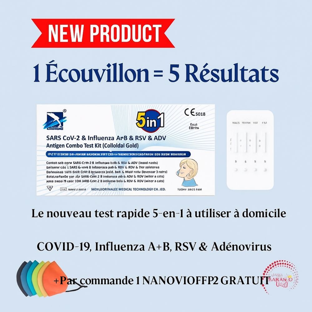 Kit de test rapide 5 en 1 pour COVID-19, grippe A/B, VRS et adénovirus. Comprend un masque FFP2.