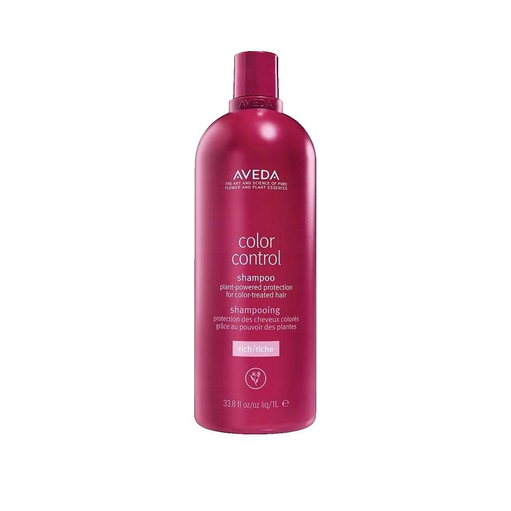 Aveda Color Control Shampoo Flasche. Rosa Flasche mit rotem Verschluss. Text: Color Control Shampoo, plant-powered protection.