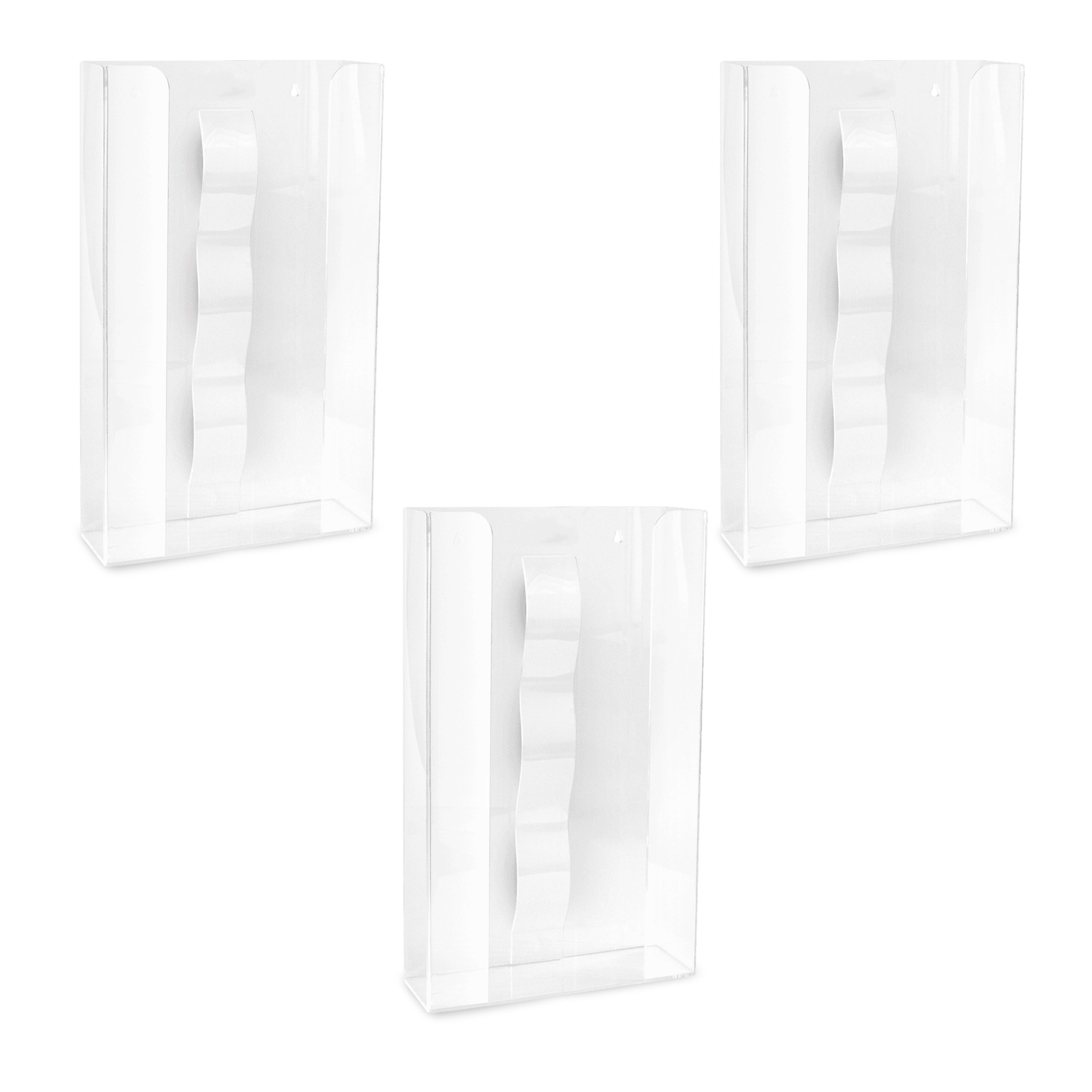 Drei transparente Acryl-Handschuhhalterungen mit weißer Feder. Rechteckige Form, Wandmontage.