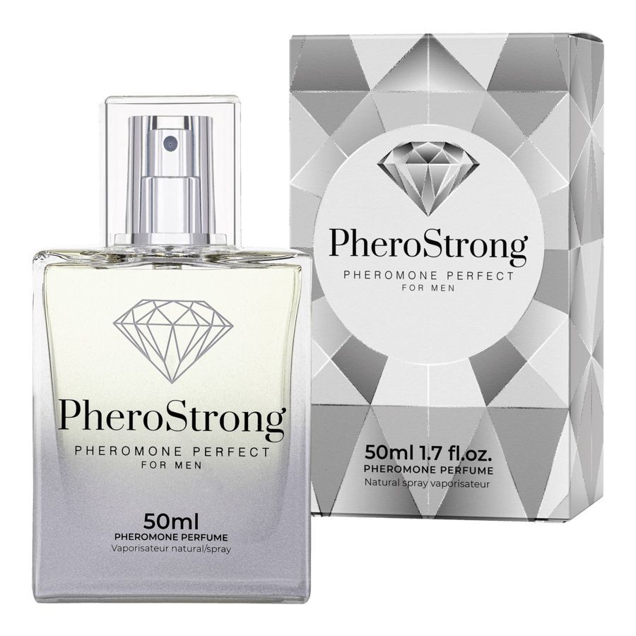 Parfümflakon und Verpackung. Flakon mit Sprühkopf, Aufschrift PheroStrong. Verpackung mit Diamantmuster und Logo. 50ml, 1.7 fl.oz.