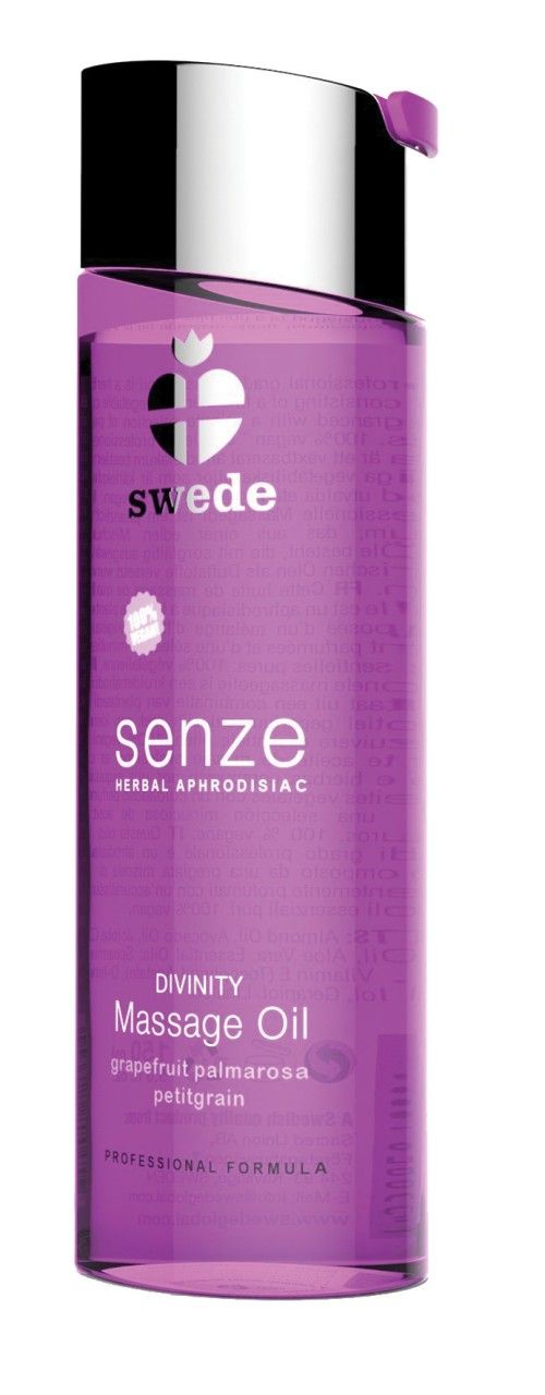 Swede Senze Divinity Massageöl in violetter Flasche mit silbernem Verschluss.