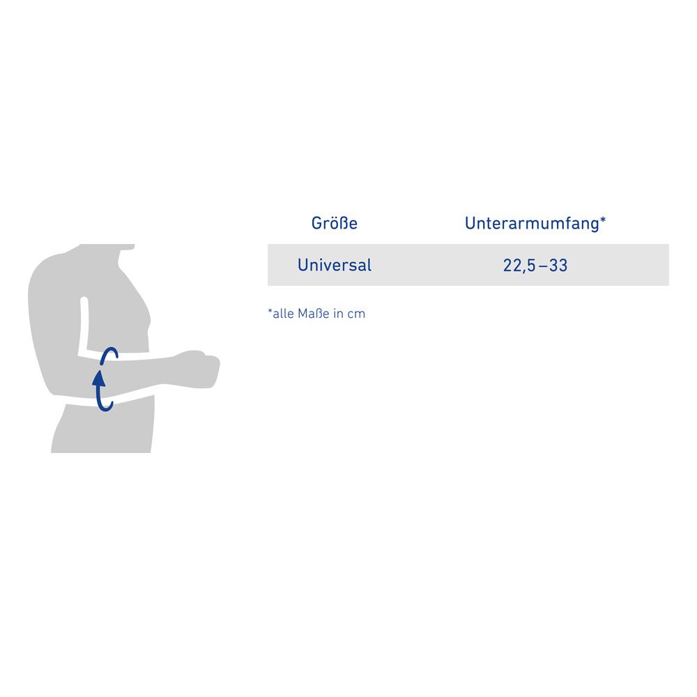 Größentabelle für Unterarmumfang. Universalgröße. Maße in cm.