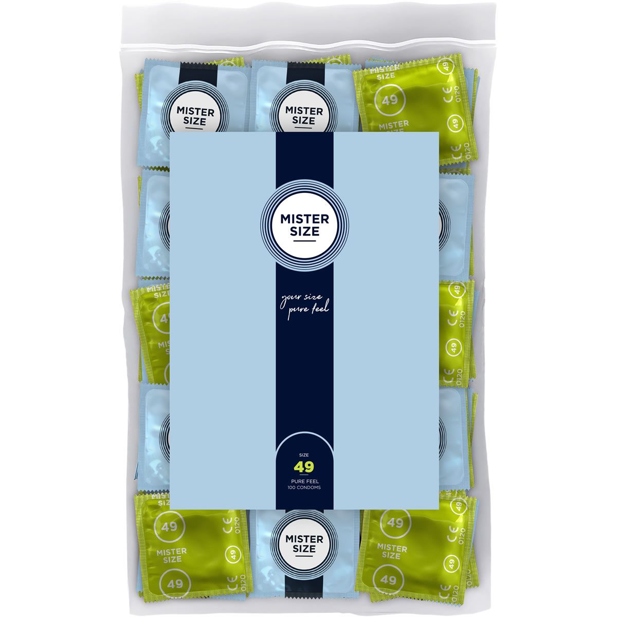 Verpackung mit Kondomen. Blaue und grüne Einzelverpackungen. Aufdruck: Mister Size, 49.