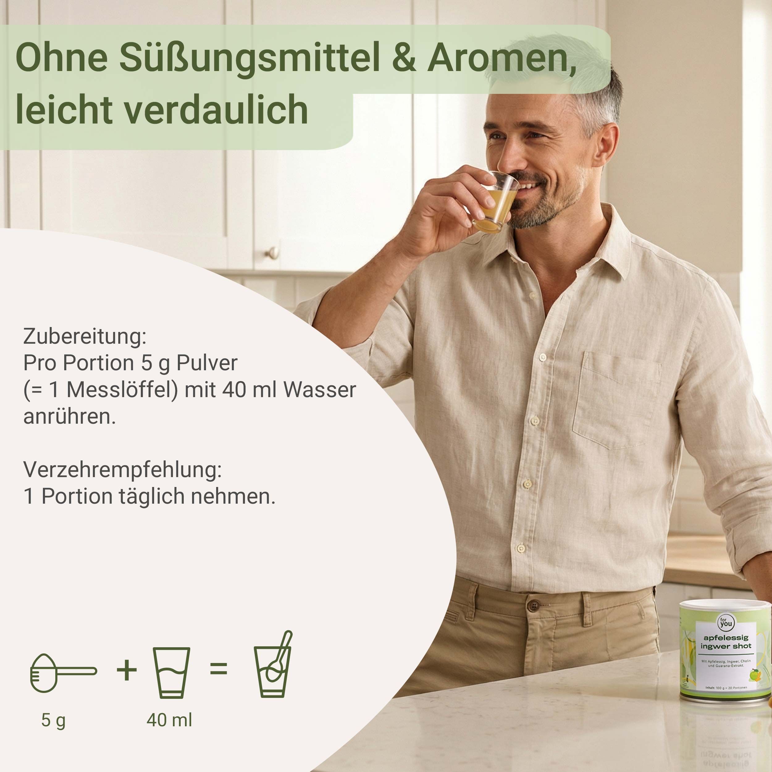 Dose Apfelessig Ingwer Shot Pulver, Seitenansicht mit Nährwertangaben.