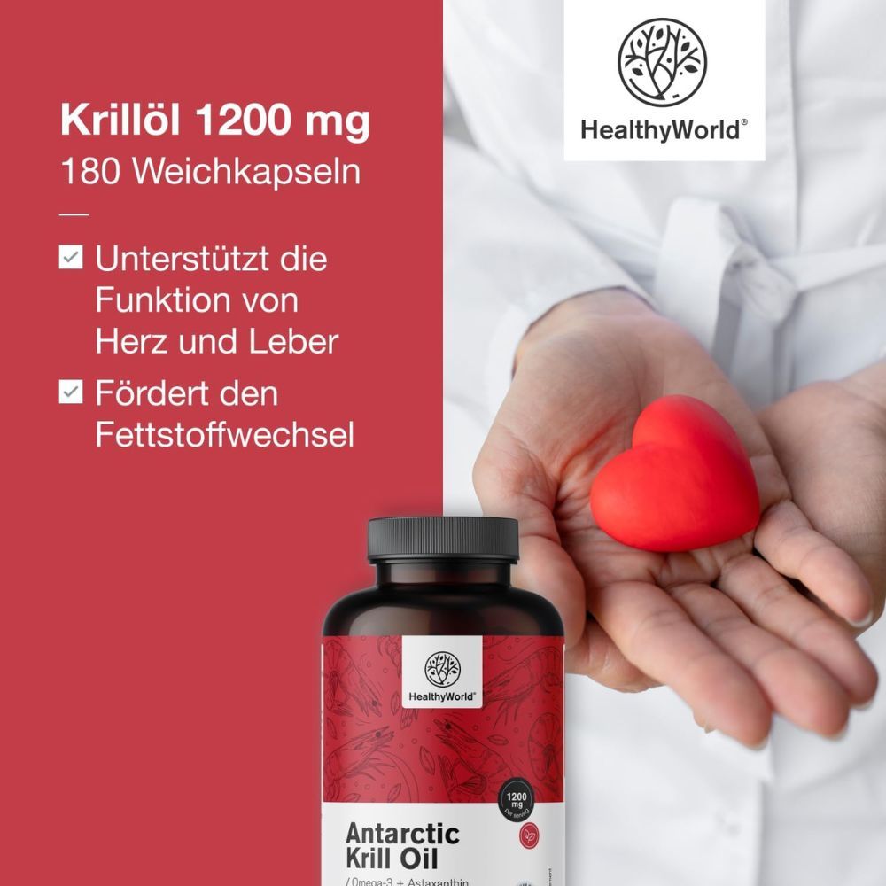 Produktabbildung mit Text: Krillöl 1200 mg, 180 Weichkapseln. Unterstützt Herz und Leber. Fördert Fettstoffwechsel.