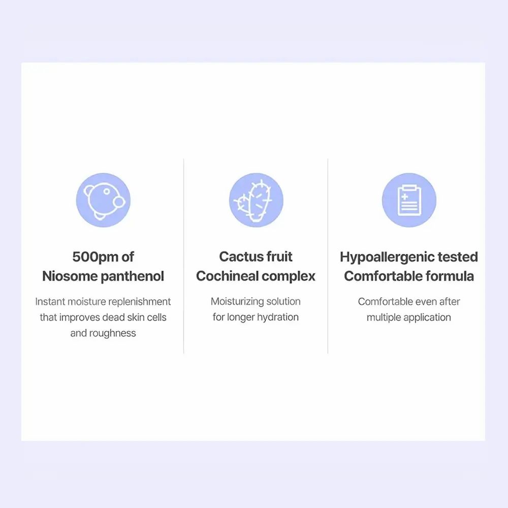 Drei Icons mit Text: 500pm of Niosome panthenol, Cactus fruit Cochineal complex, Hypoallergenic tested Comfortable formula.