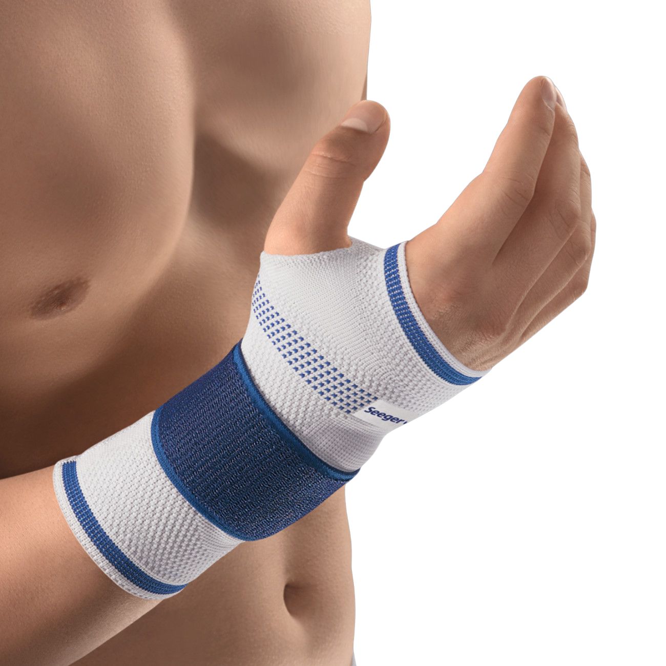 Handgelenkbandage Komfort, weiß-blau. Elastisches Material, Manschette am Handgelenk. Seeger Gesundheitshaus Logo.
