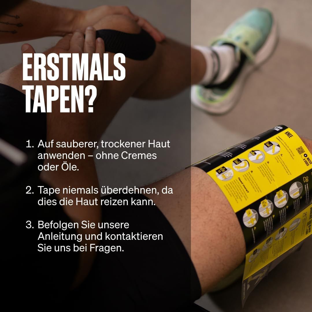 Anwendungshinweise für Kinesiologie-Tape: saubere Haut, nicht überdehnen.