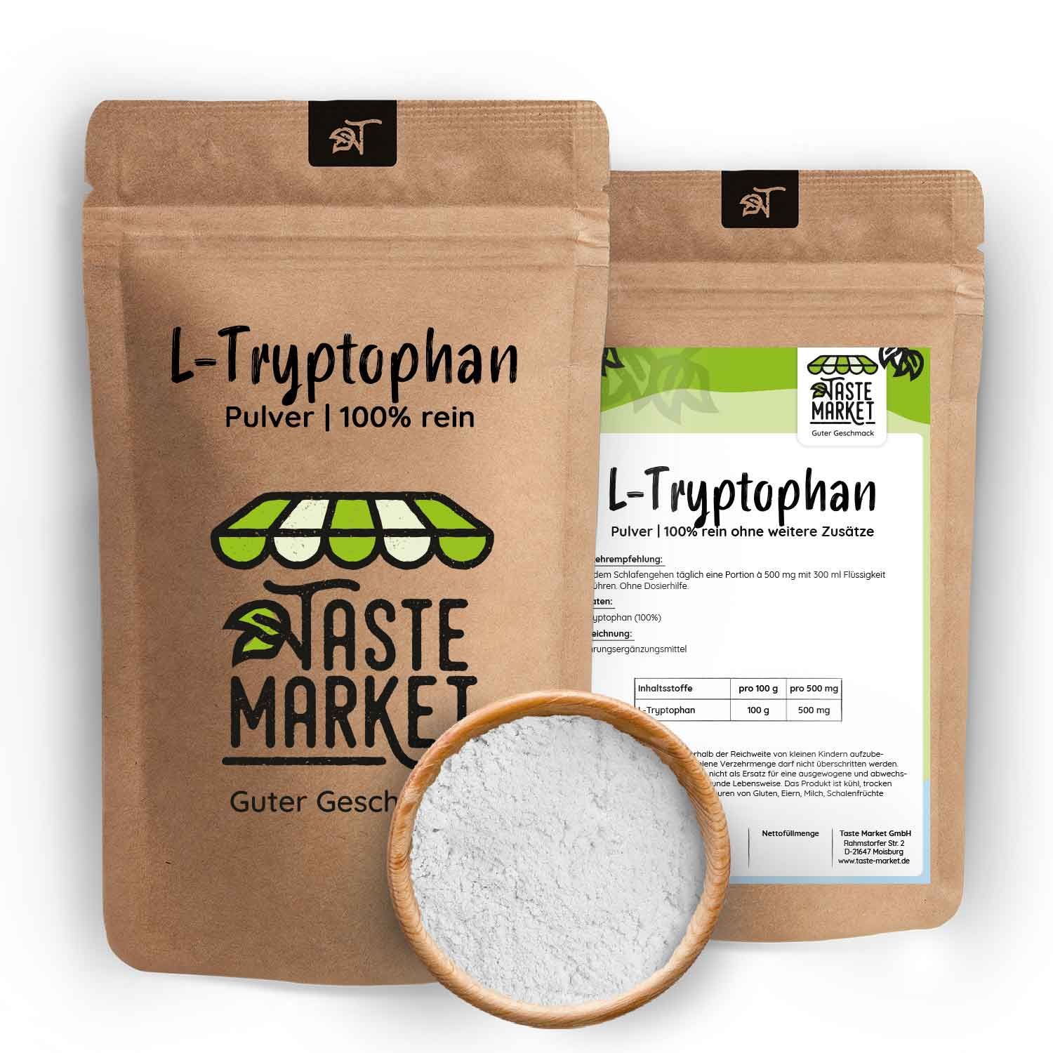 Zwei Beutel mit L-Tryptophan-Pulver. Aufschrift: Taste Market, L-Tryptophan, 100% rein. Daneben eine Schale mit weißem Pulver. Braune Verpackung.
