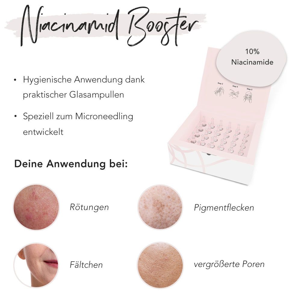 Niacinamid Booster. Glasampullen. Anwendung bei: Rötungen, Pigmentflecken, Fältchen, vergrößerte Poren. Text: 10% Niacinamid.