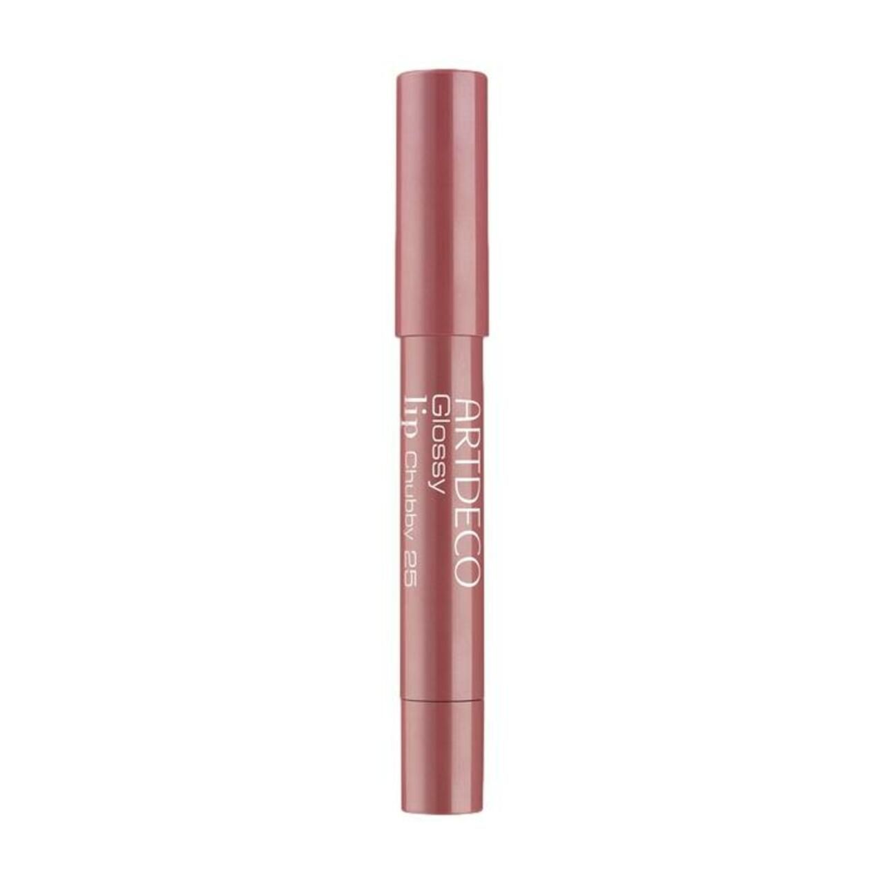 Artdeco Glossy Lip Chubby 25. Stift in Rosa. Zylindrische Form mit rosafarbenem Deckel. Produktname und Marke auf dem Stift.