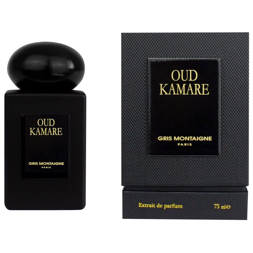 Dunkelgraue Flasche und Verpackung. Aufschrift "Oud Kamare" und "Gris Montaigne Paris". Text: Extrait de parfum.