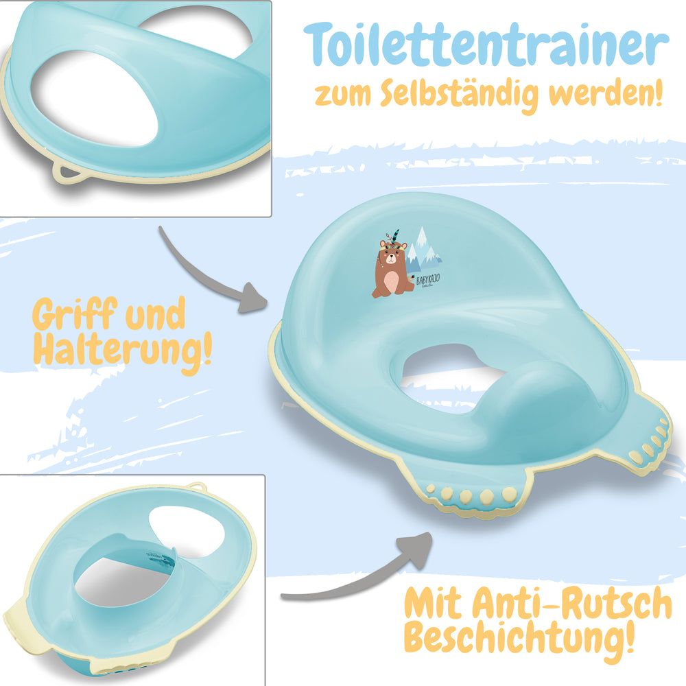 Hellblauer Toilettentrainer mit Fußform. Details: Anti-Rutsch-Beschichtung, Griff, Logo.