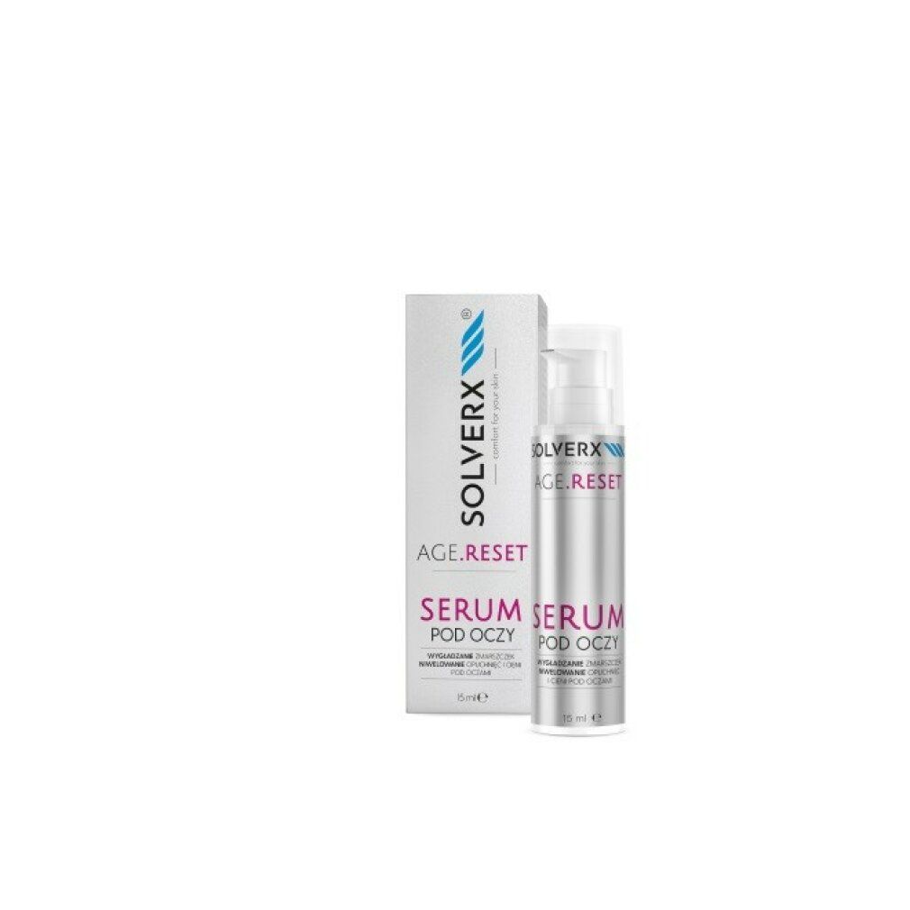 Serumflasche und Verpackung. Aufschrift: SOLVERX, AGE.RESET, SERUM POD OCZY.